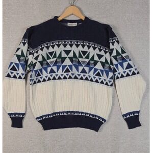 Vintage Hardwood & Pine Sweater Mens Large Geometric Aztec Knit Navy Blue Turkey